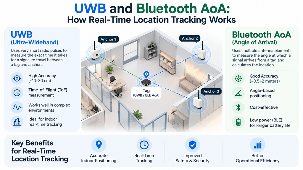 uwb and bluetooth aoa tracking infographic